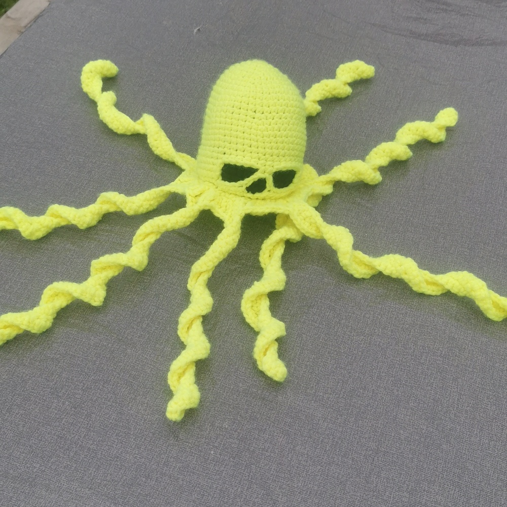 Creepy Octopus Bright Neon Yellow with black eyes crochet handmade homemade